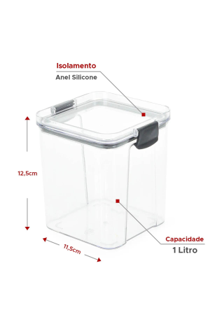 Pote Hermético Quadrado Transparente Com Trava - Preta 1000ml