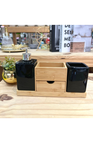 Jogo de Banheiro Preto 2 Peças de Porcelana e Suporte de Bambu