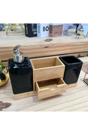 Jogo de Banheiro Preto 2 Peças de Porcelana e Suporte de Bambu