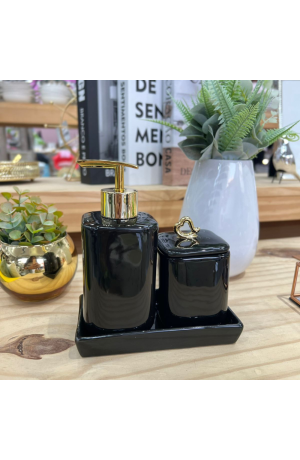 Jogo de Banheiro Marmore Preto - 3 Peças de Porcelana  Coração Dourado