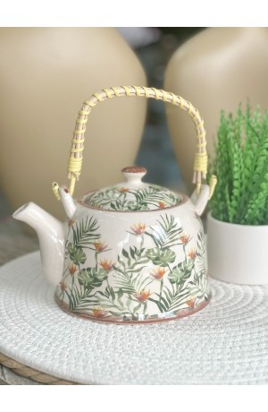 Bule Decorativo de Porcelana Floral  - Branco e Verde