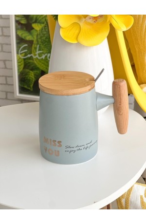 Caneca Azul de Cerâmica com Tampa de Bambu 350ml