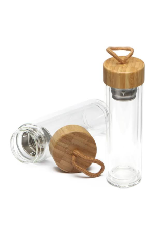 Garrafa de Vidro com Tampa de Bambu e alça - 330ml