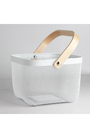 Cesta /Fruteira Branca de Metal com Alça de Madeira - 