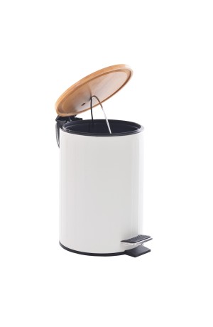 Lixeira 3L Branca com Tampa de Bambu com Pedal Canelada