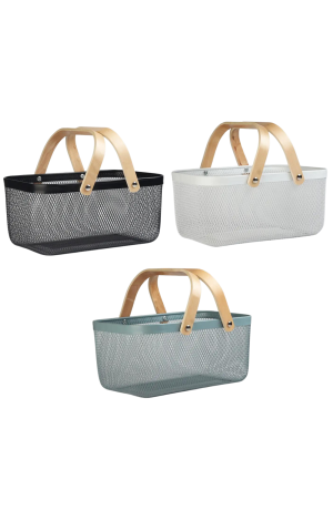 Cesta /Fruteira de Metal  Azul com Alça de Madeira - (G)