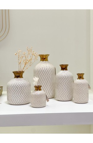 Vaso de Cerâmica Chevron Creme e Dourado Bojudinha 16cm