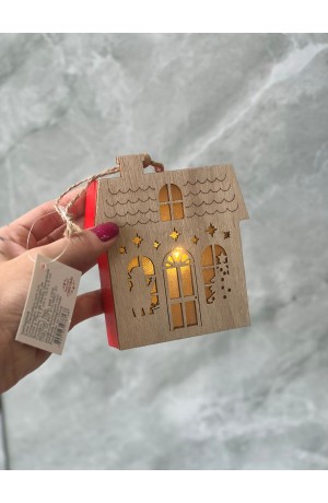 Enfeite Casinha de Natal com Luz de Madeira  - 11,7cm X 10,5cm X 3cm