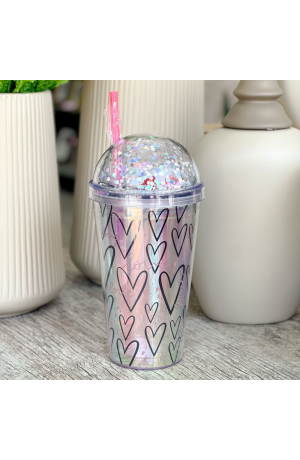 Copo Degradê de Plástico com Canudo Mod.2 - Corações 450ml