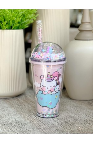 Copo Unicórnio de Plástico com Canudo Mod.1 Rosa Claro  - 450ml