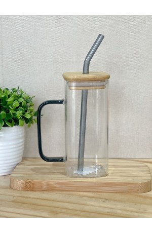 Caneca de Vidro c\ Canudo e Tampa de Bambu 400ml Fumê