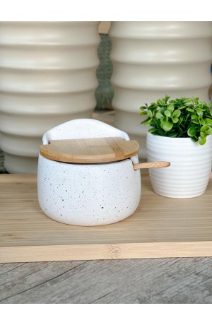 Saleiro Branco de Cerâmica com Tampa de Bambu - Grano 9,7cm X 11cm