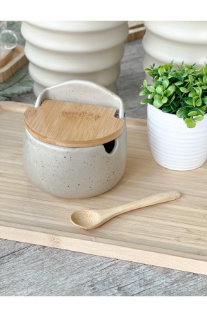 Saleiro Bege de Cerâmica com Tampa de Bambu - Grano 9,7cm X 11cm