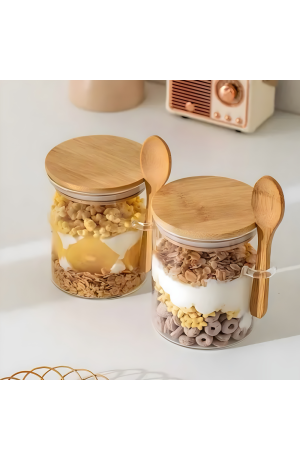 Pote de Vidro com Tampa e Colher de Bambu - 450ml