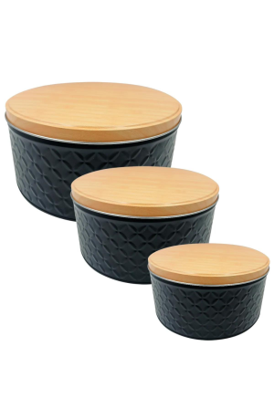 Kit 3 Potes de Metal Redondo com Tampa - Preto