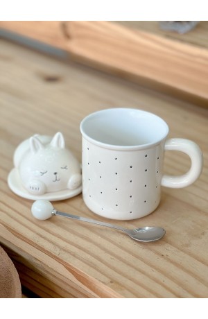 Caneca de Cerâmica Coelho c/ Tampa e Colher - 400ml