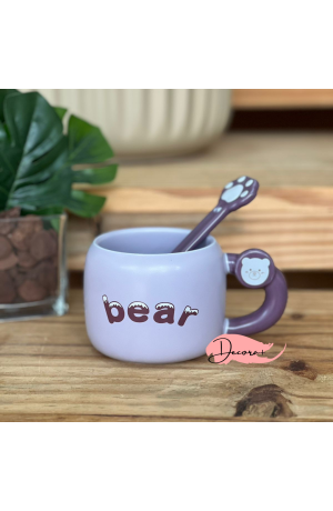 Caneca de Cerâmica Roxo c/ Colher - Urso 400ml