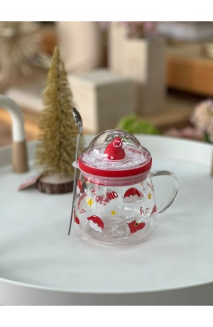 Caneca de Vidro com Colher e Tampa 400ml -  Gorro de Natal