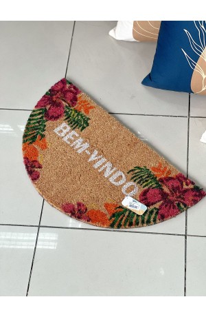 Tapete Capacho em Fibra de Côco Meia Lua -  Floral 33cm X 60cm