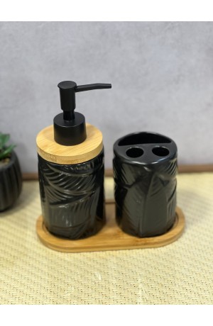 Kit de Banheiro Preto de Porcelana e Bambu - 3 Peças