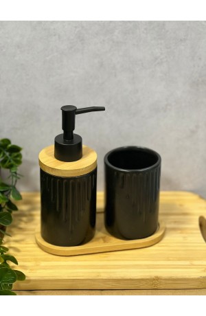 Kit de Banheiro Preto de Porcelana e Bambu - 3 Peças