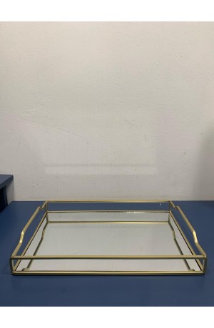 Bandeja Dourada de Metal e Vidro Retangular - 36cm X 24cm X 5,2cm