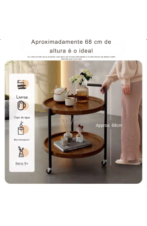MESA LATERAL MARROM DE MADEIRA E METAL C/ RODINHAS E 2 BANDEJAS CAPAC 3280G
