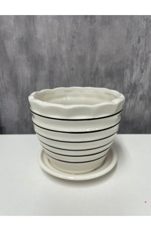 Vaso de Cerâmica com Pratinho Branco com Listras Pretas P 9cm